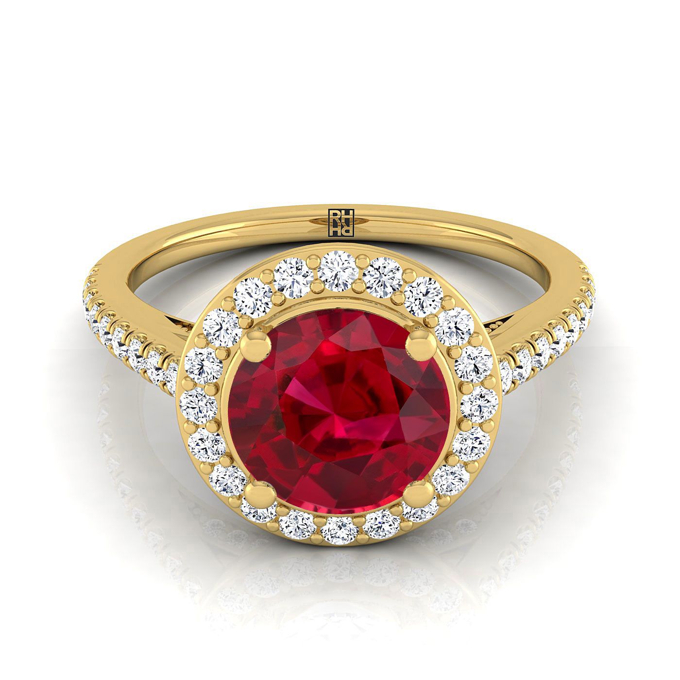 18K Yellow Gold Round Brilliant Ruby French Pave Halo Secret Gallery Diamond Engagement Ring -3/8ctw