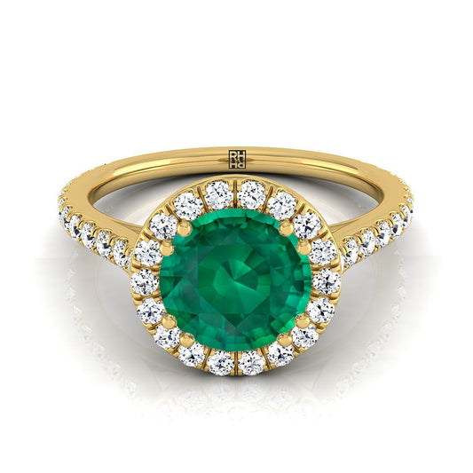 14K Yellow Gold Round Brilliant Emerald Horizontal Fancy East West Diamond Halo Engagement Ring -1/2ctw