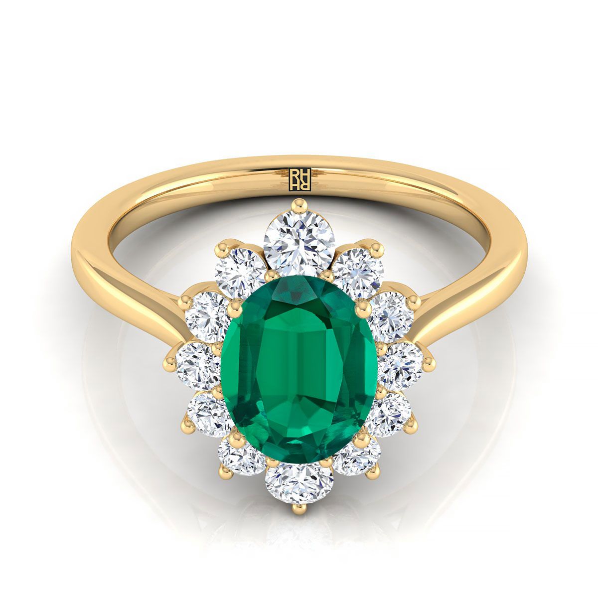 18K Yellow Gold Oval Emerald Floral Diamond Halo Engagement Ring -1/2ctw