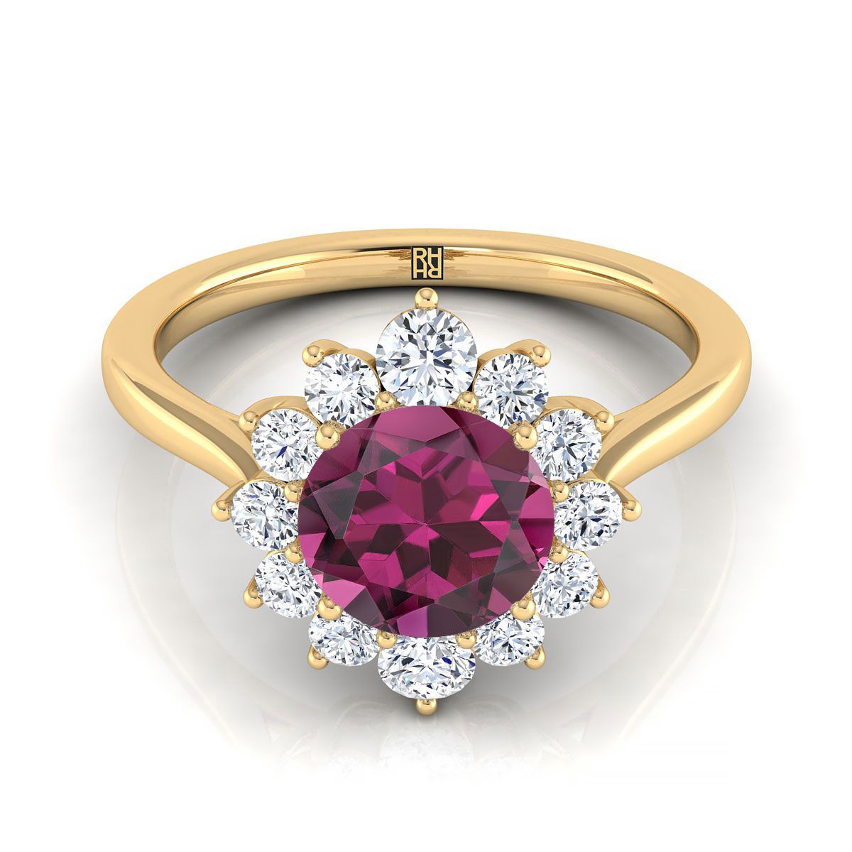 14K Yellow Gold Round Brilliant Garnet Floral Diamond Halo Engagement Ring -1/2ctw