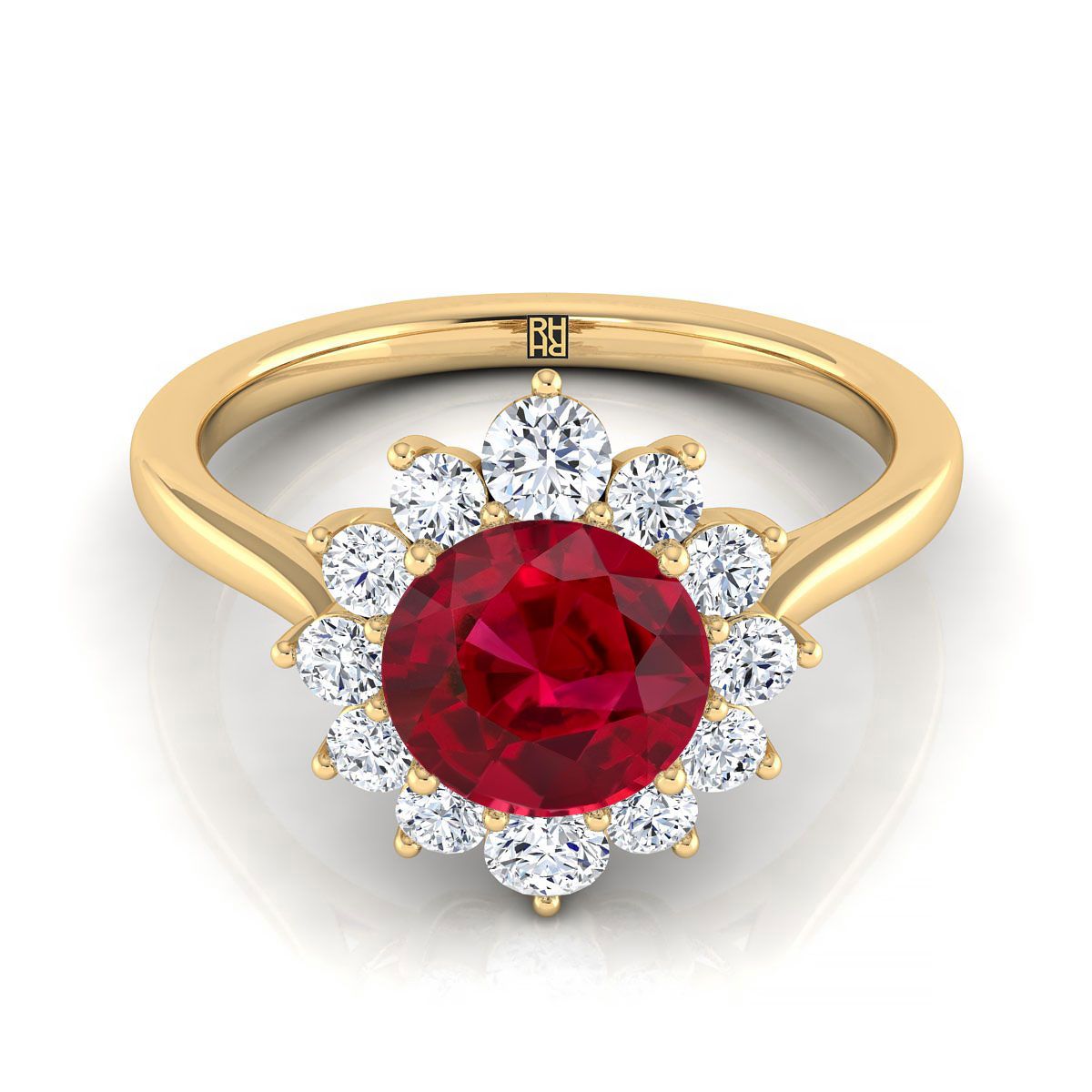 14K Yellow Gold Round Brilliant Ruby Floral Diamond Halo Engagement Ring -1/2ctw