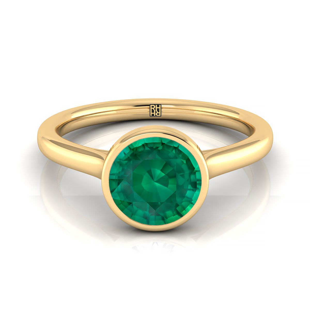 14K Yellow Gold Round Brilliant Emerald Simple Bezel Solitaire Engagement Ring