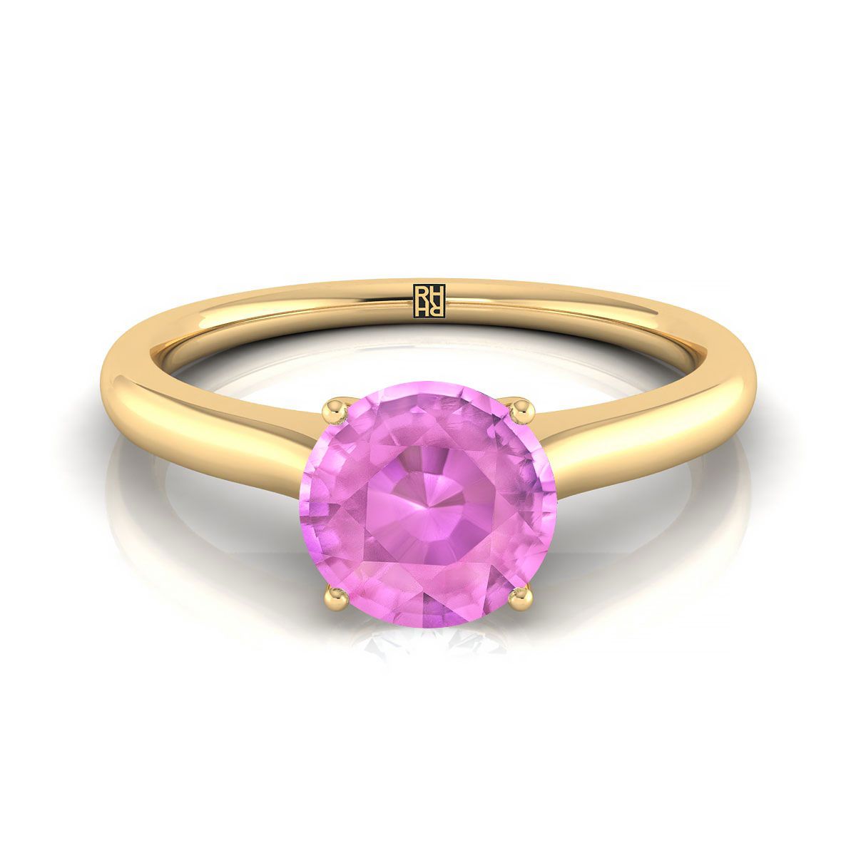 แหวนหมั้นเพชรทรงกลมเจียระไนแบบแคทเทดรัลเดี่ยวพร้อมเพชรลับเซอร์ไพรส์ทองคำเหลือง 18K