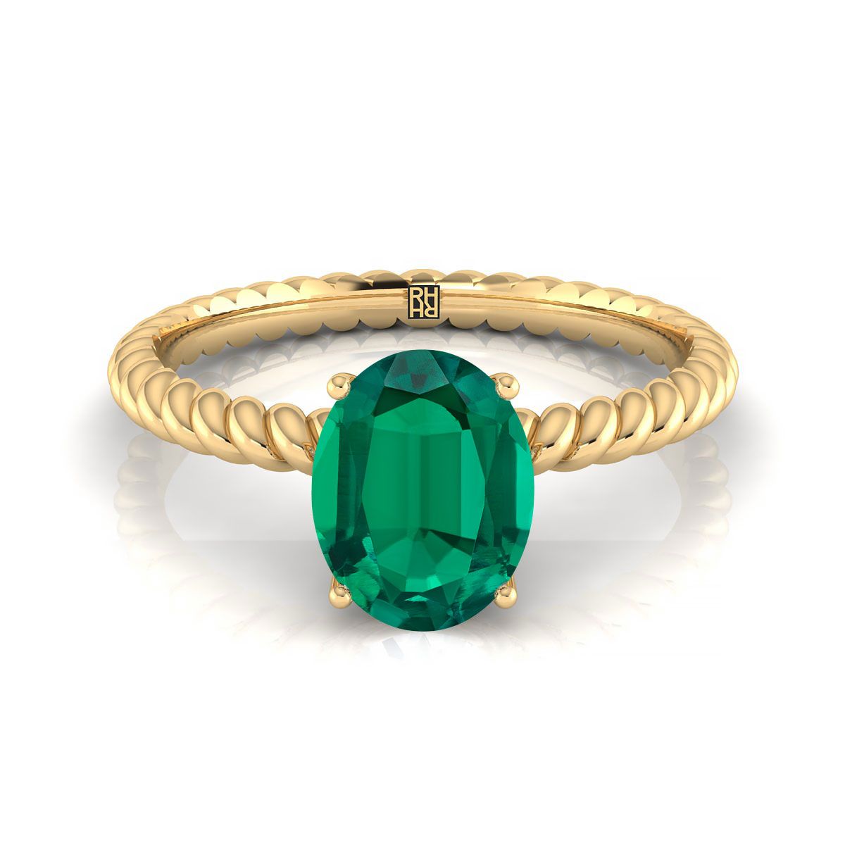 14K Yellow Gold Oval Emerald Twisted Rope Solitaire With Surprize Diamond Engagement Ring
