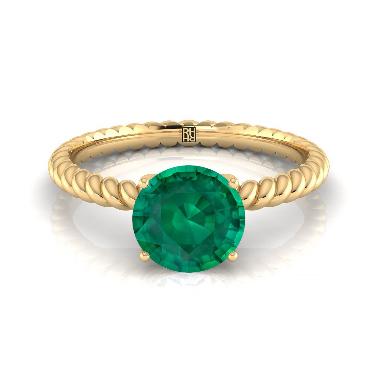 18K Yellow Gold Round Brilliant Emerald Twisted Rope Solitaire With Surprize Diamond Engagement Ring
