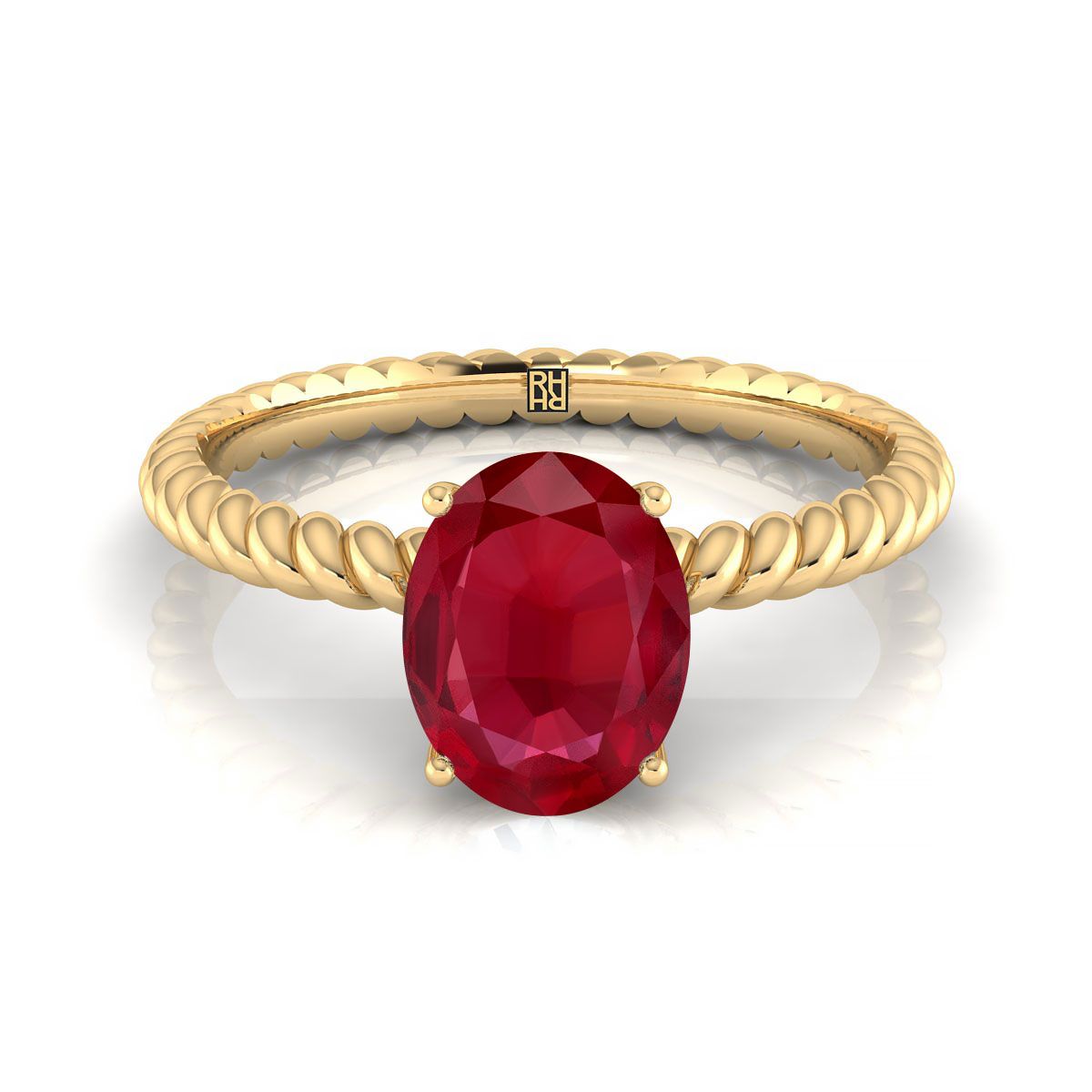 18K Yellow Gold Oval Ruby Twisted Rope Solitaire With Surprize Diamond Engagement Ring