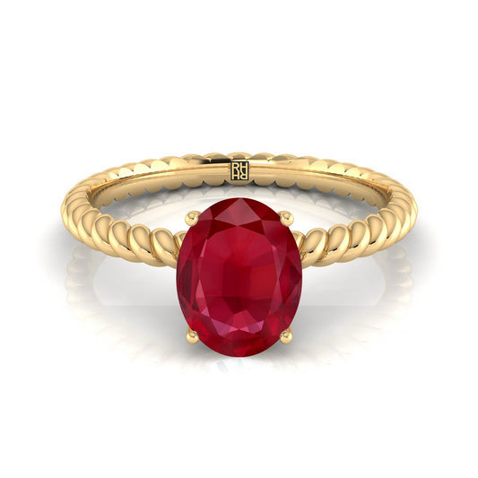 14K Yellow Gold Oval Ruby Twisted Rope Solitaire With Surprize Diamond Engagement Ring